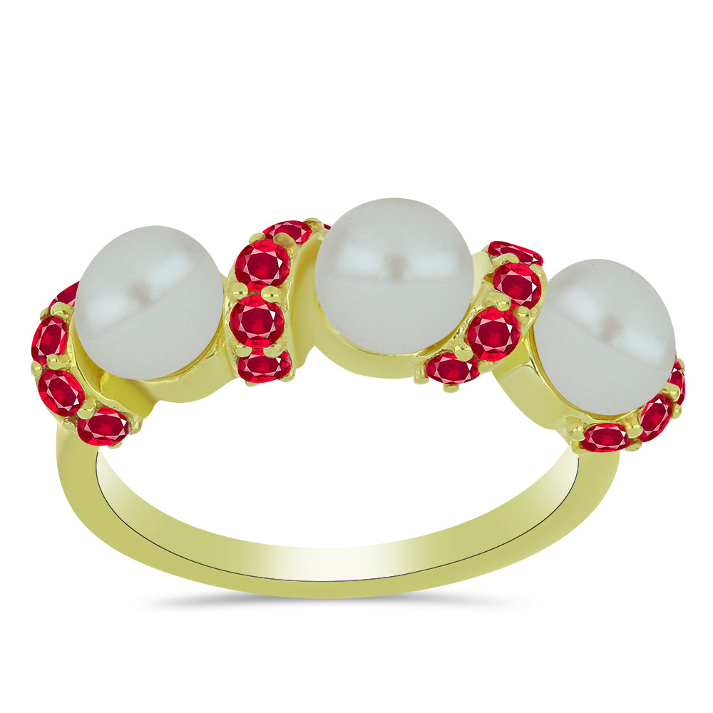Pozlacený Stříbrný Prsten s Bílou Sladkovodní Perlou a Madagaskarským Rubínem