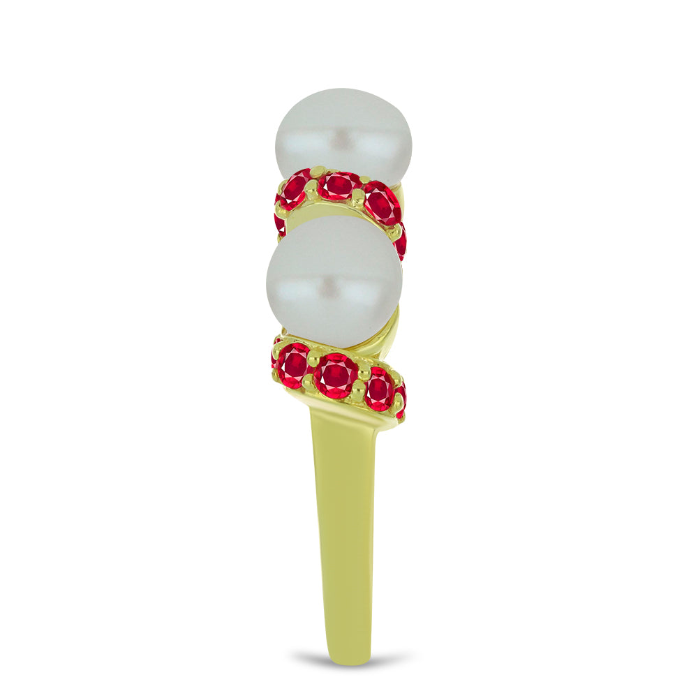 Pozlacený Stříbrný Prsten s Bílou Sladkovodní Perlou a Madagaskarským Rubínem