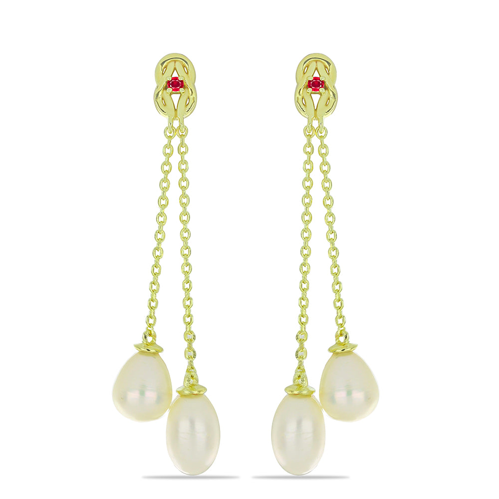 Pozlacené Stříbrné Náušnice s Bílou Sladkovodní Perlou a Madagaskarským Rubínem 1 
