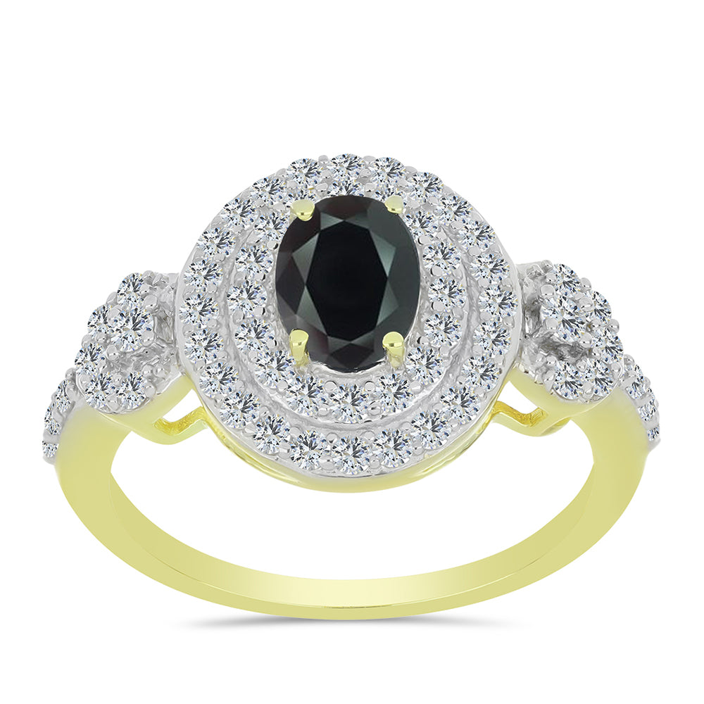 Pozlacené Stříbro 925/1000 - Prsten s Obsidiánem a Bílým Topazem - Karátové číslo: 2.35. přibližná hmotnost: 4.02 gramů