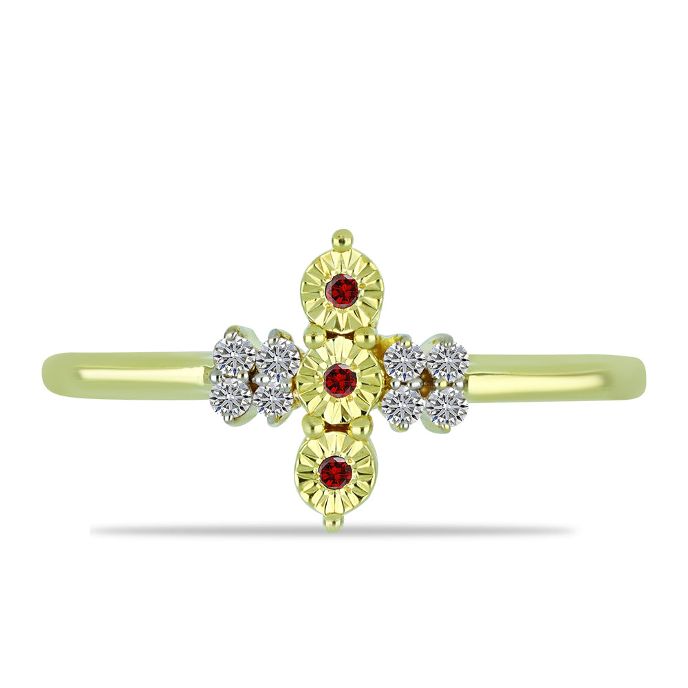 Pozlacené Stříbro 925/1000 - Prsten s Červeným Diamantem a Bílým Diamantem - Karátové číslo: 0.13. přibližná hmotnost: 1.85 gramů