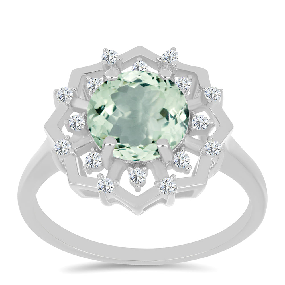 Stříbrný Prsten se Zeleným Ametystem a Bílým Topazem