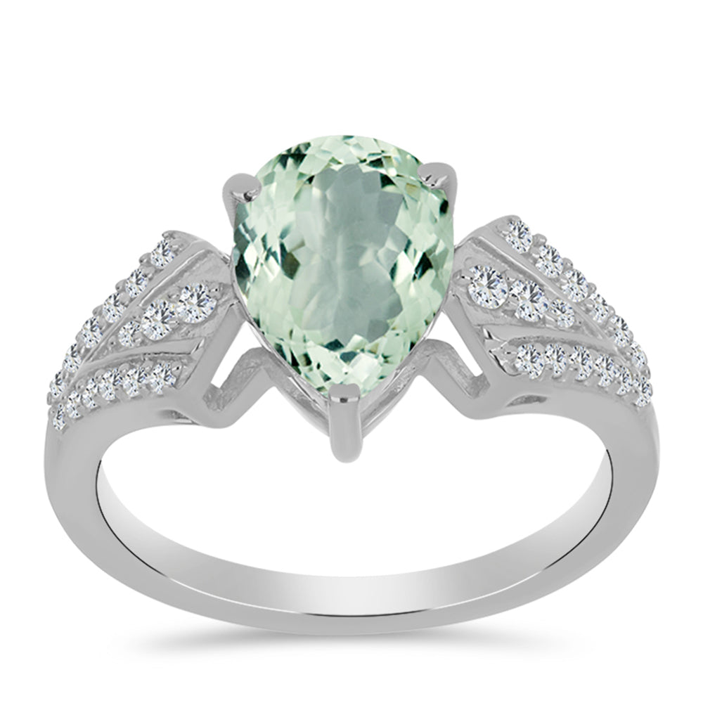 Stříbro 925/1000 - Prsten se Zeleným Ametystem a Bílým Topazem - Karátové číslo: 1.92. přibližná hmotnost: 2.93 gramů