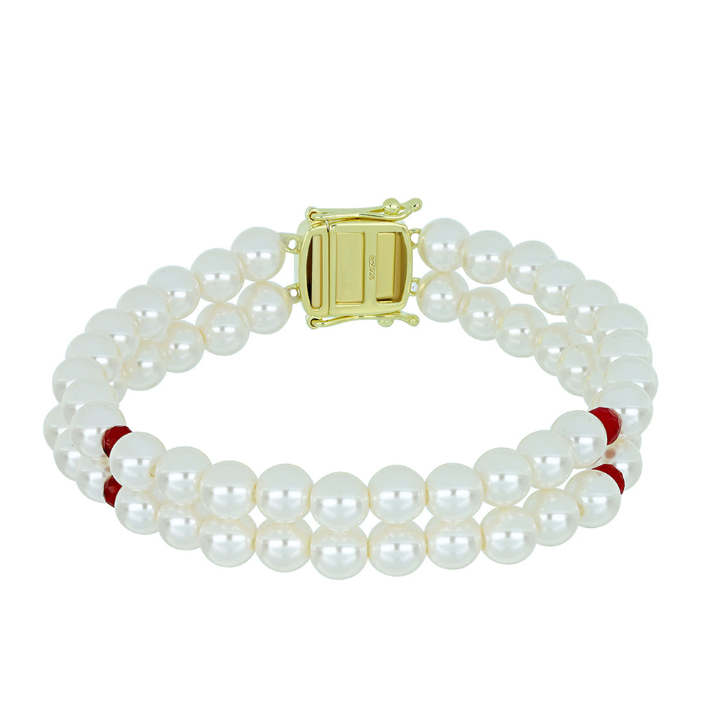 Pozlacený Stříbrný Náramek s Bílou Sladkovodní Perlou a Madagaskarským Rubínem 1 