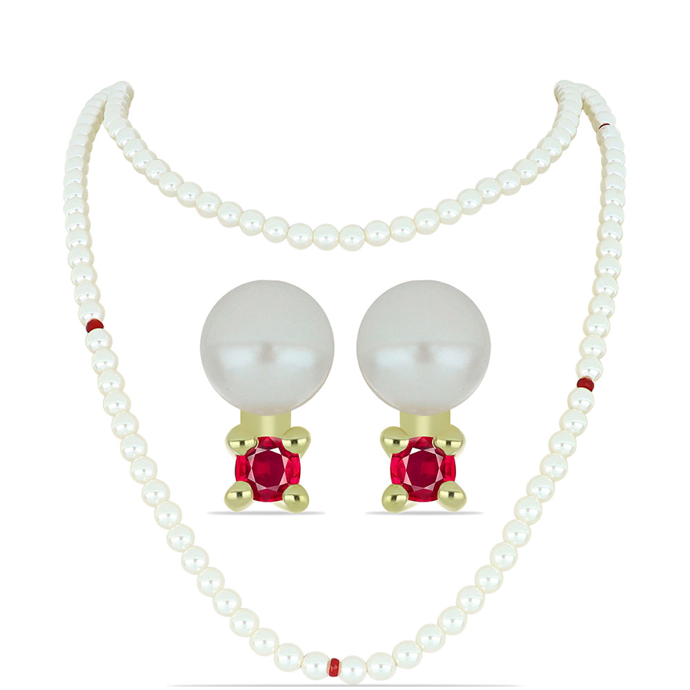 Pozlacené Stříbro 925/1000 - Sada s Bílou Sladkovodní Perlou a Madagaskarským Rubínem - Karátové číslo: 176.58. přibližná hmotnost: 36.27 gramů ( Náhrdelník+Náušnice )