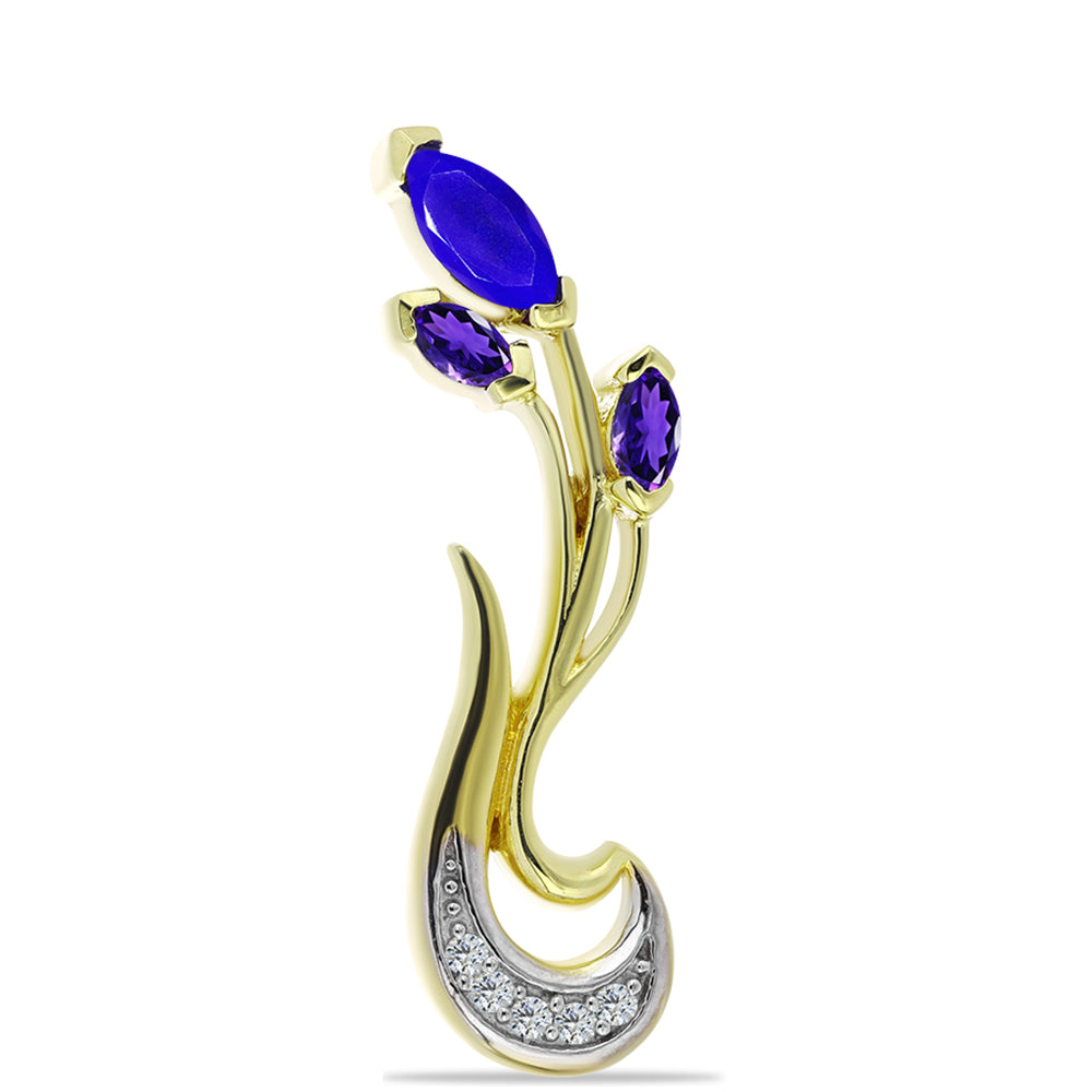 Pozlacené Stříbro 925/1000 - Brož s Modrým Achátem a Marockým Ametystem - Karátové číslo: 0.43. přibližná hmotnost: 2.83 gramů