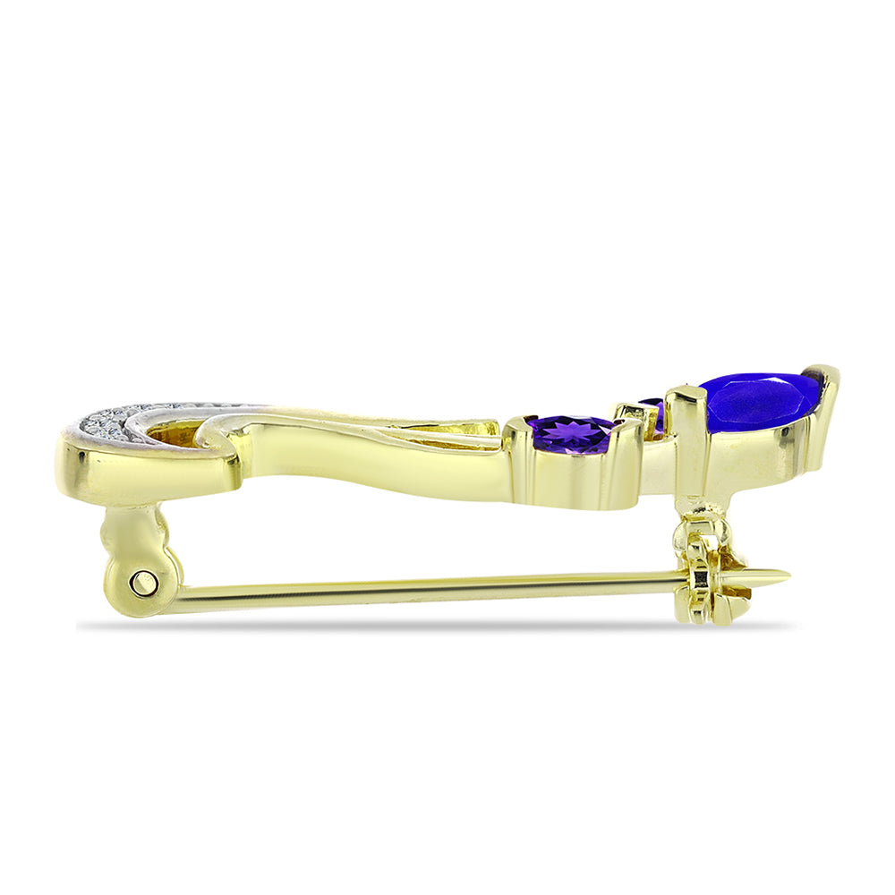 Pozlacené Stříbro 925/1000 - Brož s Modrým Achátem a Marockým Ametystem - Karátové číslo: 0.43. přibližná hmotnost: 2.83 gramů 2 