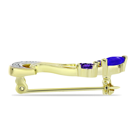 Pozlacené Stříbro 925/1000 - Brož s Modrým Achátem a Marockým Ametystem - Karátové číslo: 0.43. přibližná hmotnost: 2.83 gramů