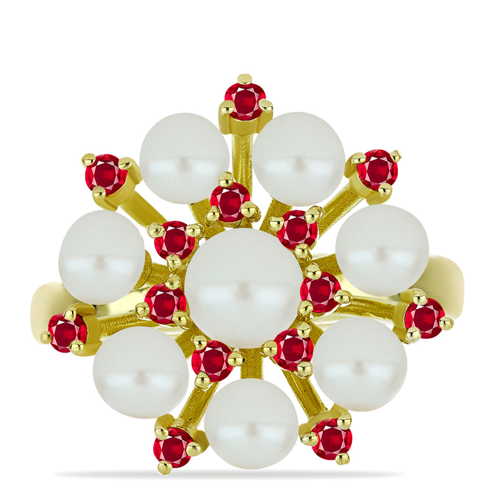 Pozlacený Stříbrný Prsten s Bílou Sladkovodní Perlou a Madagaskarským Rubínem 1 