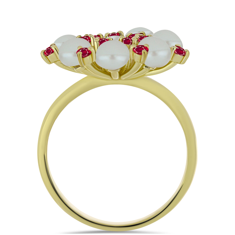 Pozlacený Stříbrný Prsten s Bílou Sladkovodní Perlou a Madagaskarským Rubínem