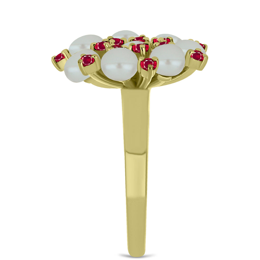 Pozlacený Stříbrný Prsten s Bílou Sladkovodní Perlou a Madagaskarským Rubínem