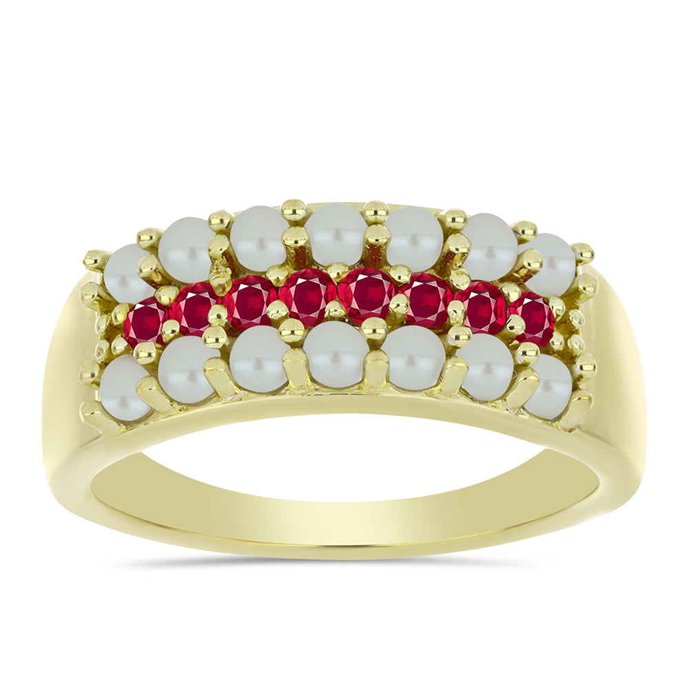 Pozlacený Stříbrný Prsten s Bílou Sladkovodní Perlou a Madagaskarským Rubínem 1 