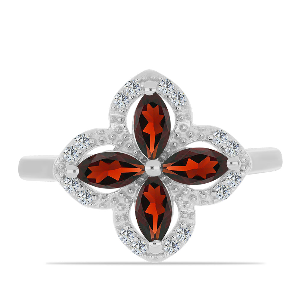 Stříbro 925/1000 - Prsten s Bartonským Granátem a Bílým Topazem - Karátové číslo: 1.43. přibližná hmotnost: 3.5 gramů