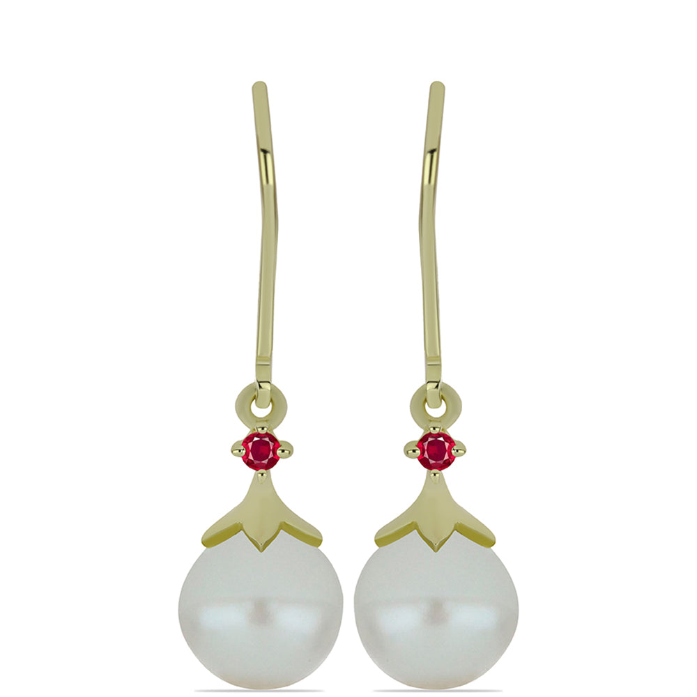 Pozlacené Stříbrné Náušnice s Bílou Sladkovodní Perlou a Madagaskarským Rubínem 1 
