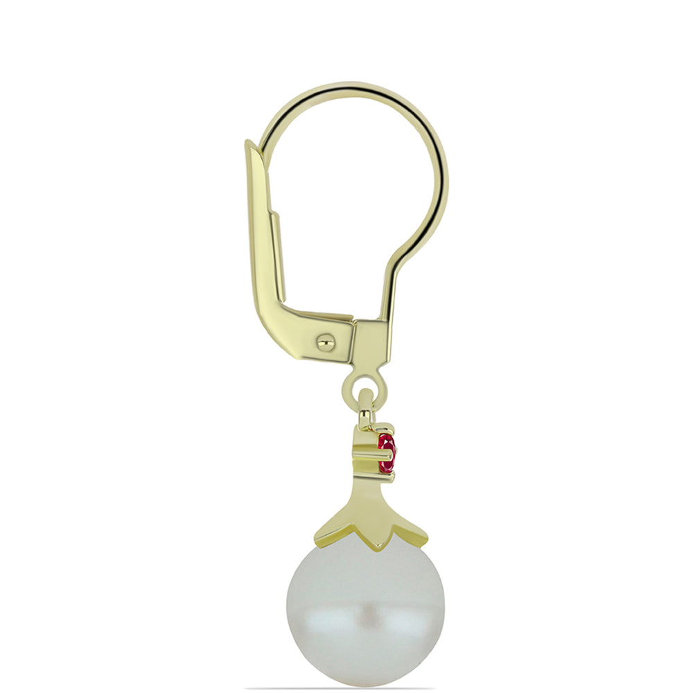 Pozlacené Stříbrné Náušnice s Bílou Sladkovodní Perlou a Madagaskarským Rubínem 2 