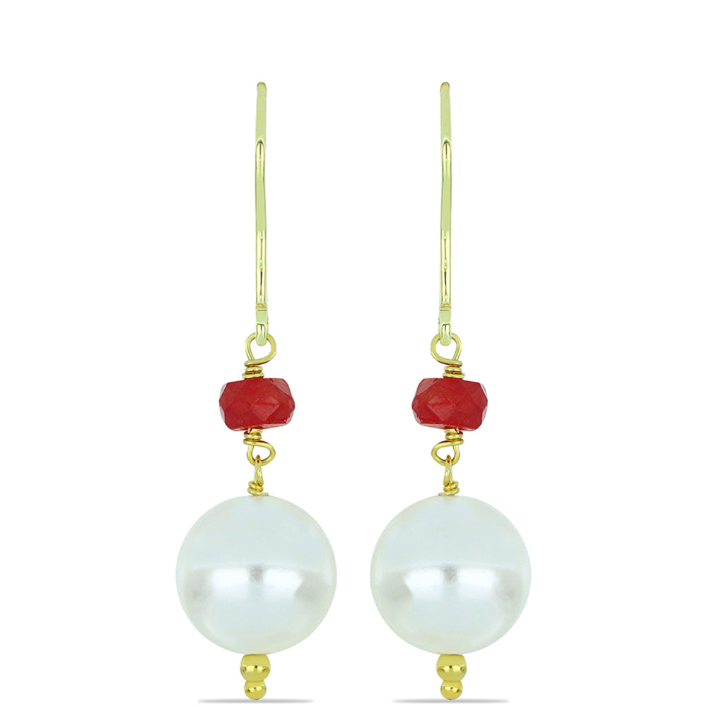 Pozlacené Stříbro 925/1000 - Náušnice s Bílou Sladkovodní Perlou a Madagaskarským Rubínem - Karátové číslo: 14.17. přibližná hmotnost: 3.85 gramů