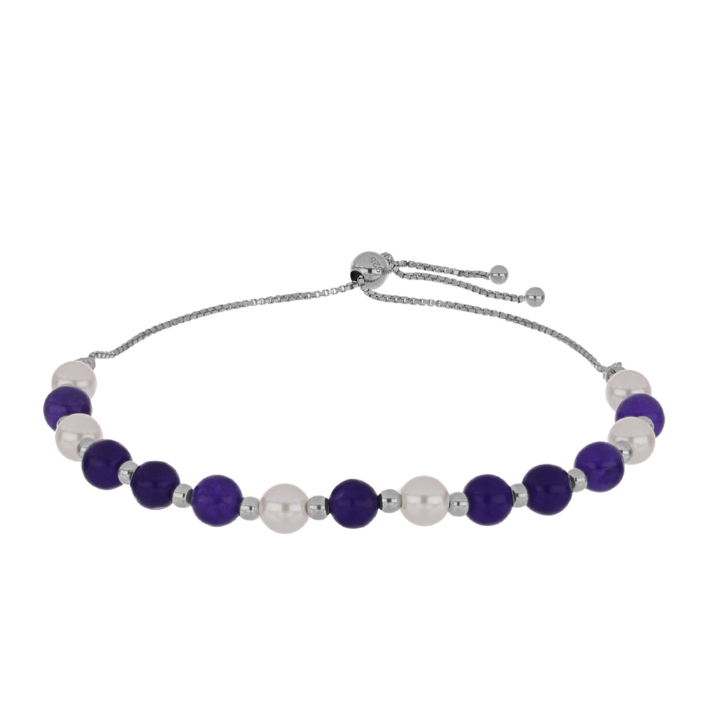 Stříbro 925/1000 - Náramek s Purpurovým Jadeitem a Bílou Sladkovodní Perlou - Karátové číslo: 23.14. přibližná hmotnost: 7.05 gramů