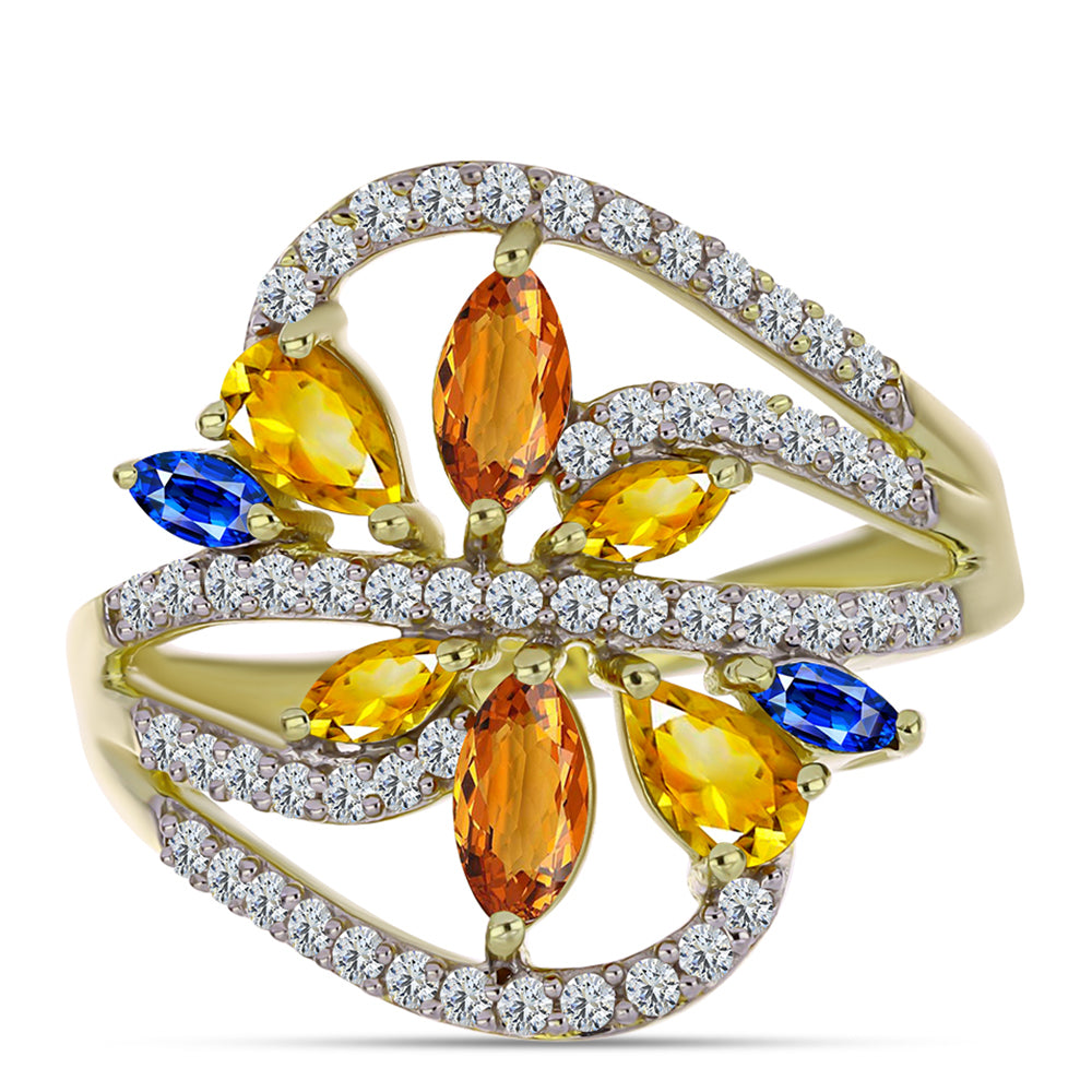 Pozlacené Stříbro 925/1000 - Prsten s Roseberským Duhovým Safírem a Bílým Topazem - Karátové číslo: 2.02. přibližná hmotnost: 4.45 gramů