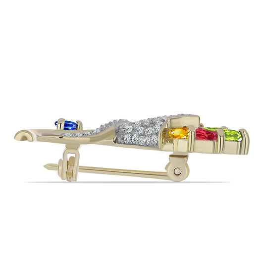 Pozlacené Stříbro 925/1000 - Brož s Roseberským Duhovým Safírem a Bílým Topazem - Karátové číslo: 2.12. přibližná hmotnost: 3.6 gramů