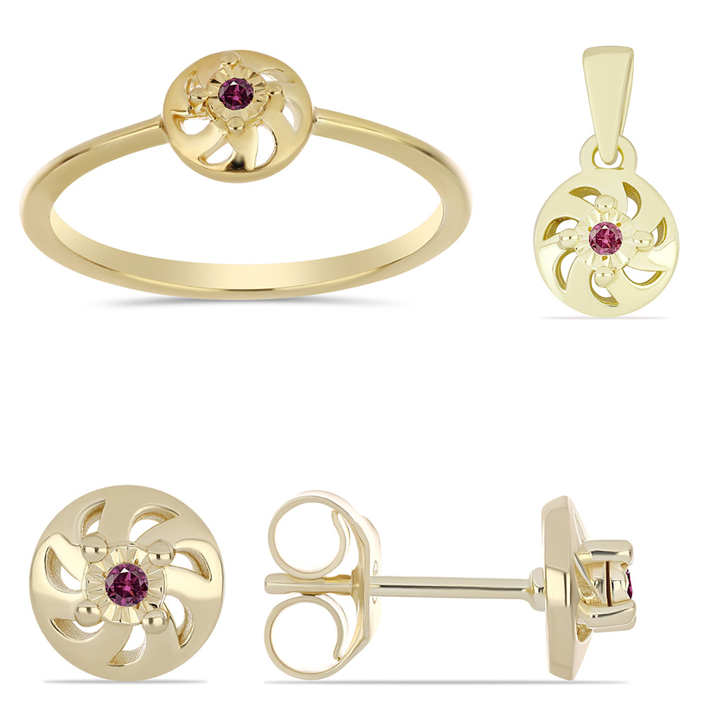 Pozlacené Stříbro 925/1000 - Sada s Purpurovým Diamantem - Karátové číslo: 0.06. přibližná hmotnost: 3.39 gramů ( Náušnice+Prsten+Přívěsek ) 1 