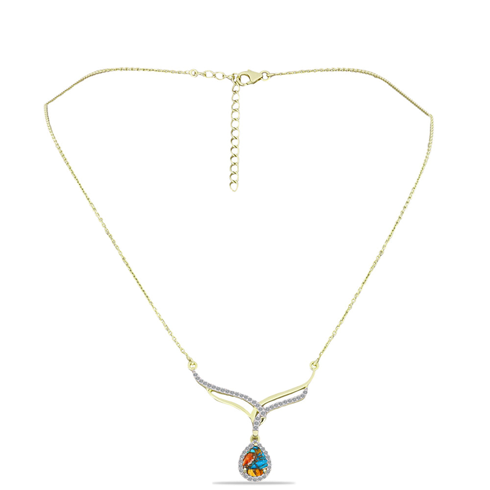 Pozlacené Stříbro 925/1000 - Náhrdelník s Ústřicovým Tyrkysem a Bílým Topazem - Karátové číslo: 1.8. přibližná hmotnost: 5.3 gramů 1 