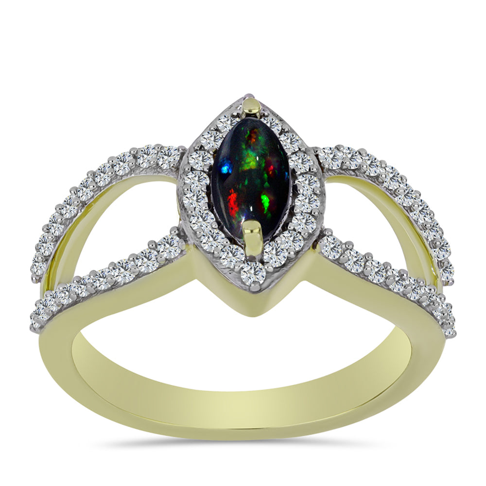 Pozlacené stříbro 925/1000 Prsten s Půlnočně Černým Etiopským Opálem z Lega Dembi a Bílým Topazem - Karátové číslo: 0.87. přibližná hmotnost: 3.46 gramů 3 