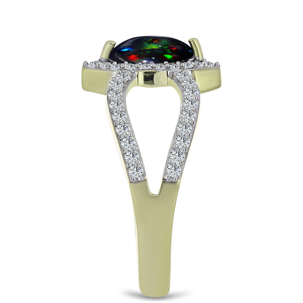 Pozlacené stříbro 925/1000 Prsten s Půlnočně Černým Etiopským Opálem z Lega Dembi a Bílým Topazem - Karátové číslo: 0.87. přibližná hmotnost: 3.46 gramů