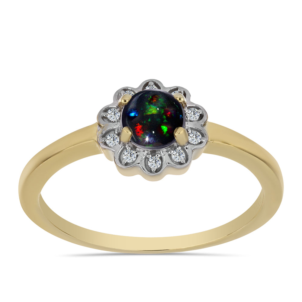 Pozlacené stříbro 925/1000 Prsten s Půlnočně Černým Etiopským Opálem z Lega Dembi a Bílým Topazem - Karátové číslo: 0.45. přibližná hmotnost: 2.18 gramů