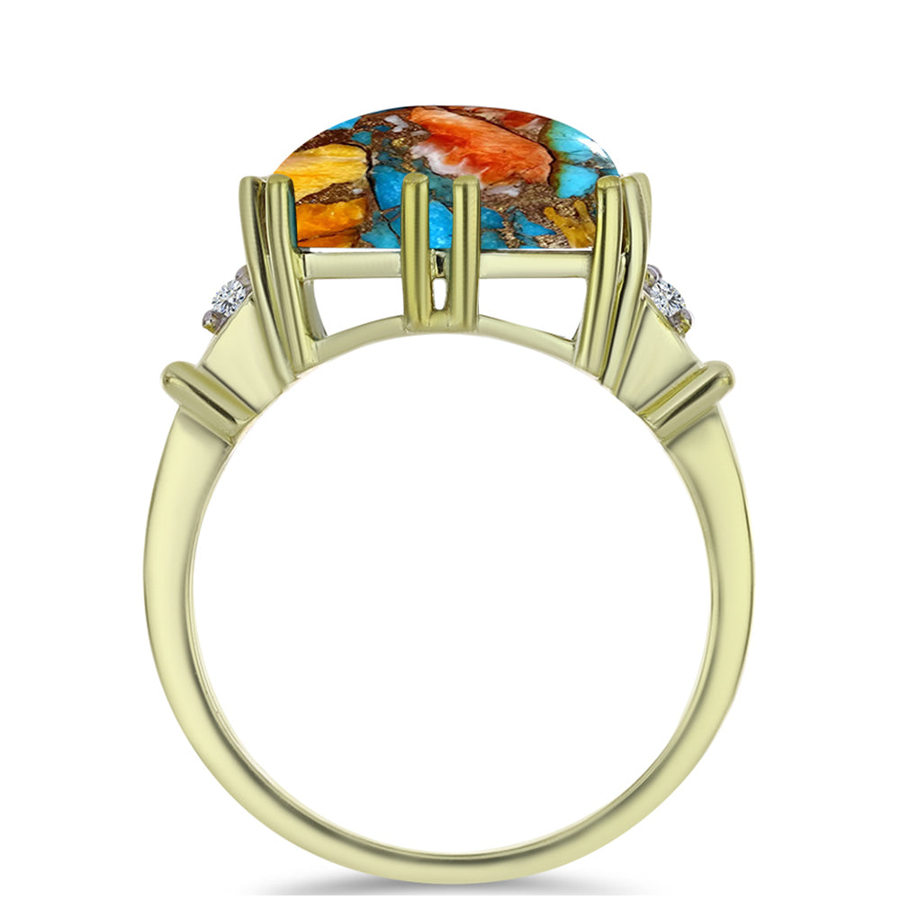 Pozlacené Stříbro 925/1000 - Prsten s Ústřicovým Tyrkysem a Bílým Topazem - Karátové číslo: 8.25. přibližná hmotnost: 5.02 gramů 2 