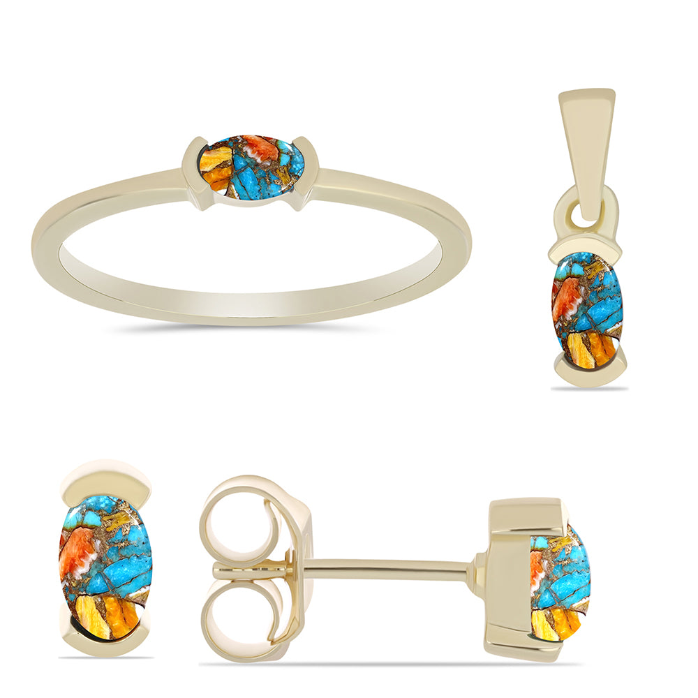 Pozlacené stříbro 925/1000 Sada s Ústřicovým Tyrkysem - Karátové číslo: 1.12. přibližná hmotnost: 3.07 gramů ( Náušnice+Prsten+Přívěsek ) 1 