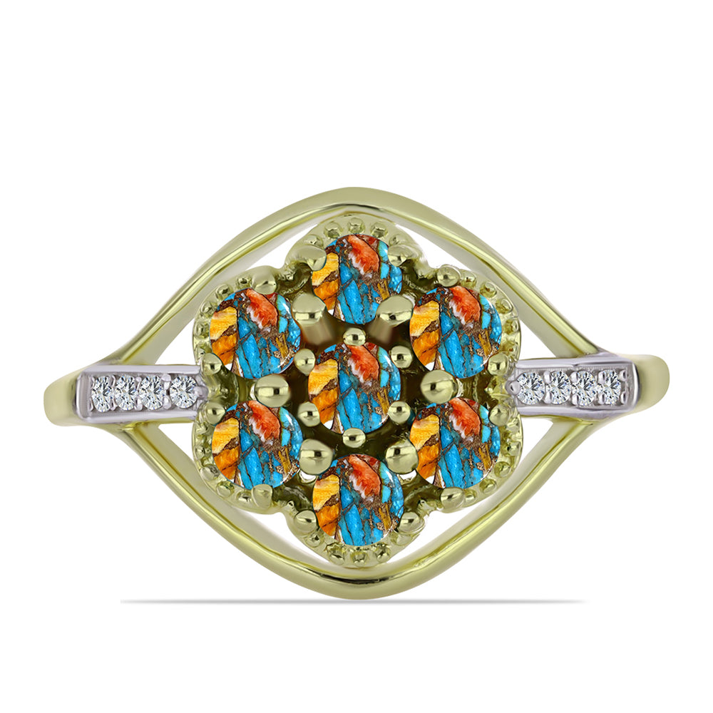 Pozlacené Stříbro 925/1000 - Prsten s Ústřicovým Tyrkysem a Bílým Topazem - Karátové číslo: 1.18. přibližná hmotnost: 3.89 gramů