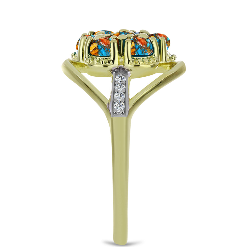 Pozlacené Stříbro 925/1000 - Prsten s Ústřicovým Tyrkysem a Bílým Topazem - Karátové číslo: 1.18. přibližná hmotnost: 3.89 gramů 4 