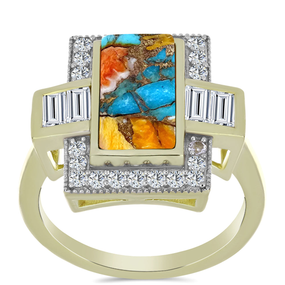 Pozlacené stříbro 925/1000 Prsten s Ústřicovým Tyrkysem a Bílým Topazem - Karátové číslo: 3.91. přibližná hmotnost: 5.37 gramů 3 