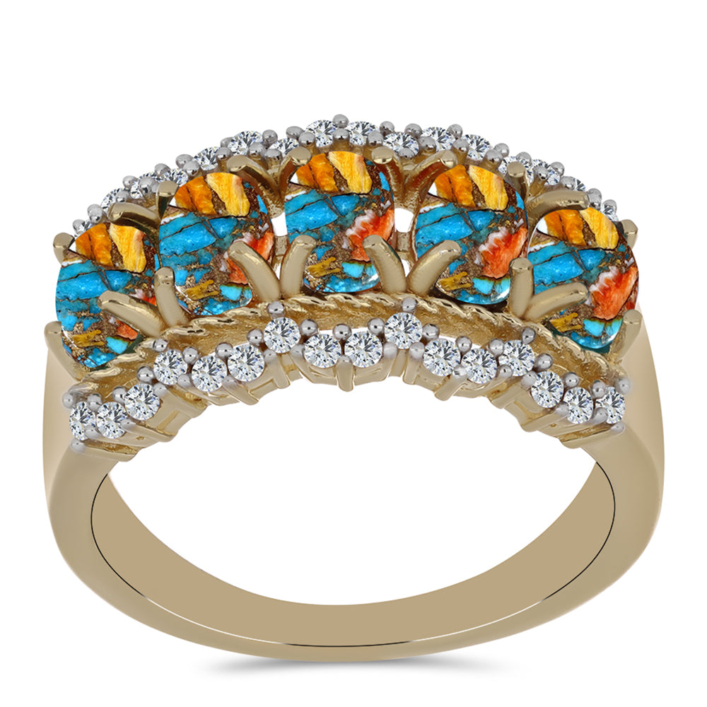 Pozlacené Stříbro 925/1000 - Prsten s Ústřicovým Tyrkysem a Bílým Topazem - Karátové číslo: 3.18. přibližná hmotnost: 5.91 gramů 3 