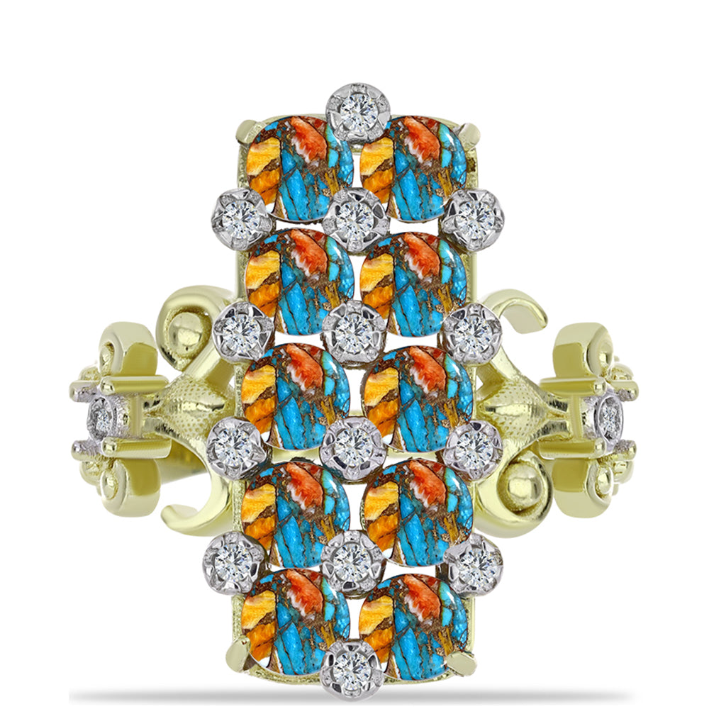 Pozlacené Stříbro 925/1000 - Prsten s Ústřicovým Tyrkysem a Bílým Topazem - Karátové číslo: 3.92. přibližná hmotnost: 8.13 gramů 1 