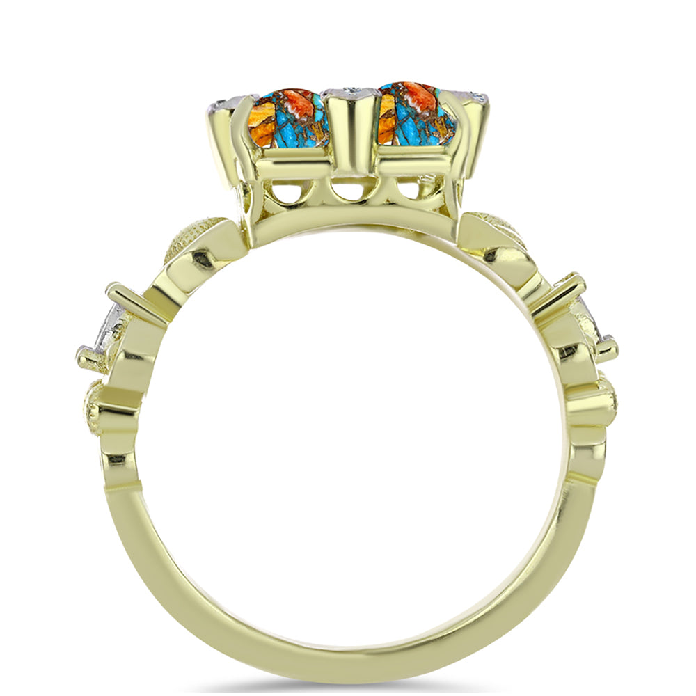 Pozlacené Stříbro 925/1000 - Prsten s Ústřicovým Tyrkysem a Bílým Topazem - Karátové číslo: 3.92. přibližná hmotnost: 8.13 gramů 2 