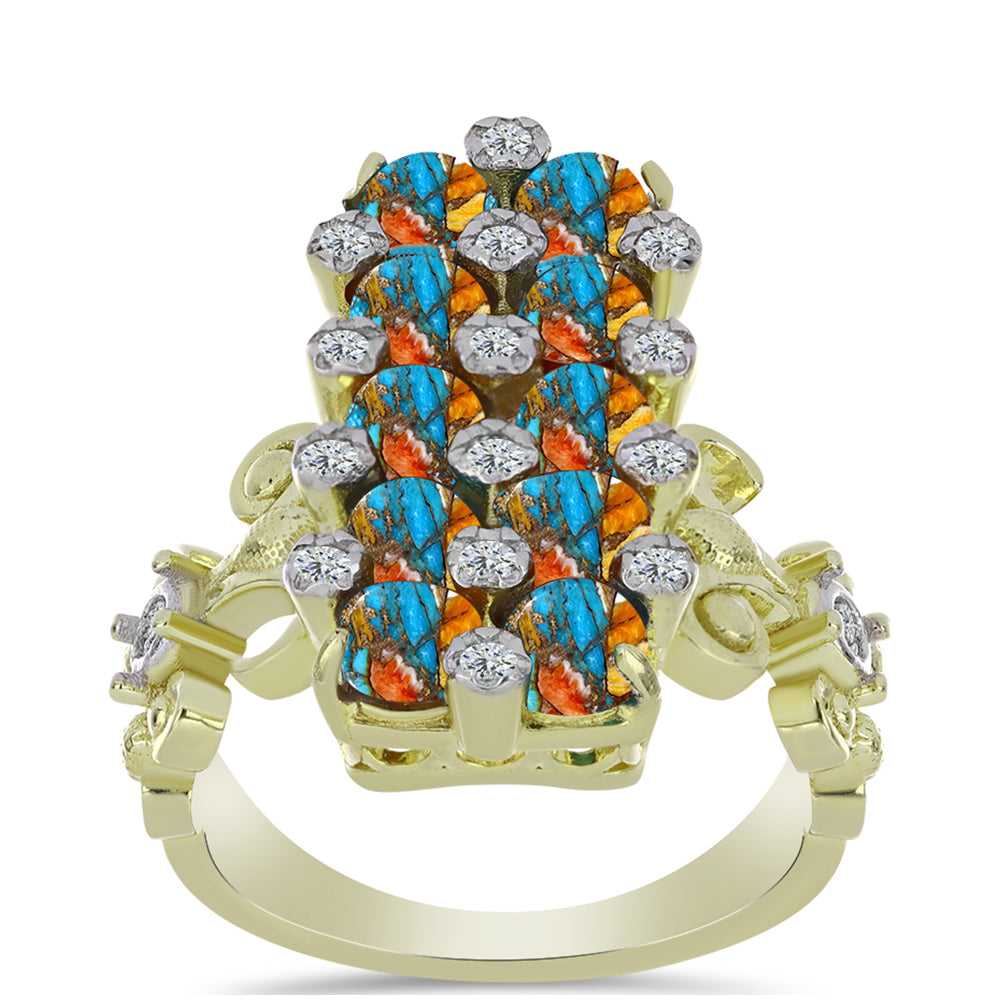 Pozlacené Stříbro 925/1000 - Prsten s Ústřicovým Tyrkysem a Bílým Topazem - Karátové číslo: 3.92. přibližná hmotnost: 8.13 gramů 3 