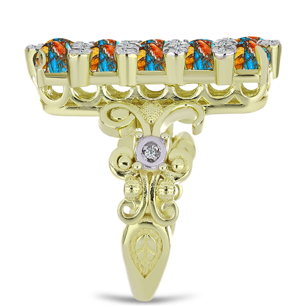 Pozlacené Stříbro 925/1000 - Prsten s Ústřicovým Tyrkysem a Bílým Topazem - Karátové číslo: 3.92. přibližná hmotnost: 8.13 gramů