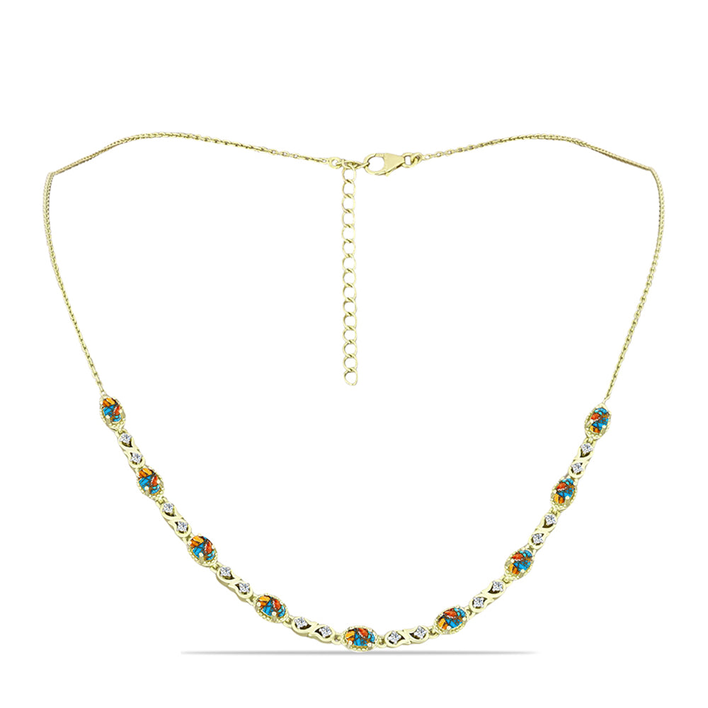 Pozlacené Stříbro 925/1000 - Náhrdelník s Ústřicovým Tyrkysem a Bílým Topazem - Karátové číslo: 3. přibližná hmotnost: 9.49 gramů 1 