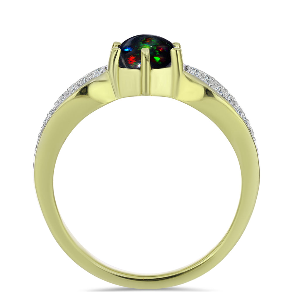 Pozlacené stříbro 925/1000 Prsten s Půlnočně Černým Etiopským Opálem z Lega Dembi a Bílým Topazem - Karátové číslo: 1.06. přibližná hmotnost: 3.38 gramů 2 