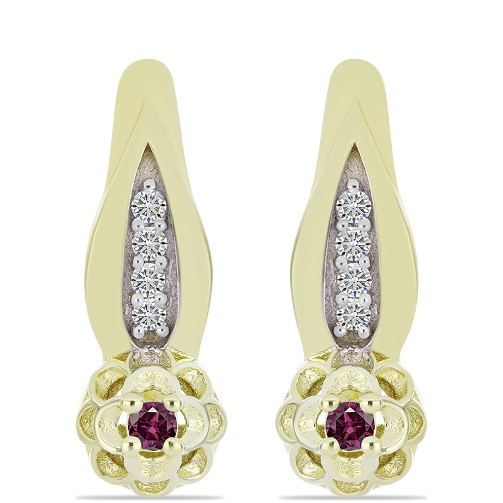 Pozlacené Stříbro 925/1000 - Náušnice s Purpurovým Diamantem a Bílým Diamantem - Karátové číslo: 0.13. přibližná hmotnost: 3.44 gramů 1 