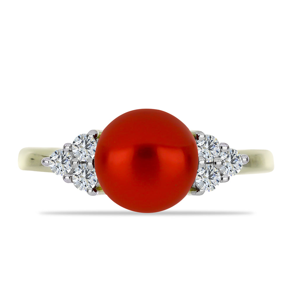 Pozlacené Stříbro 925/1000 - Prsten s Červená sladkovodní Perlou a Bílým Topazem - Karátové číslo: 2.51. přibližná hmotnost: 2.77 gramů