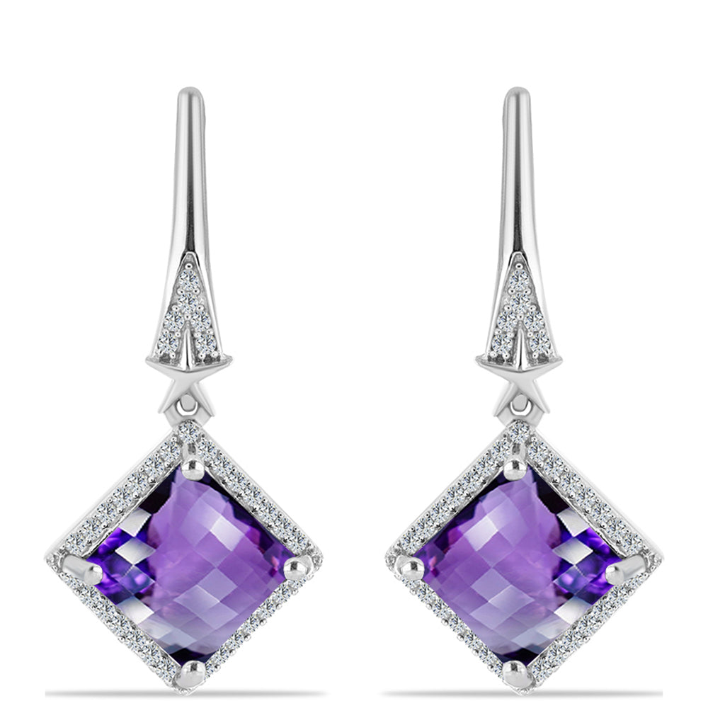 Stříbro 925/1000 - Náušnice s Marockým Ametystem a Bílým Topazem - Karátové číslo: 4.99. přibližná hmotnost: 5.03 gramů