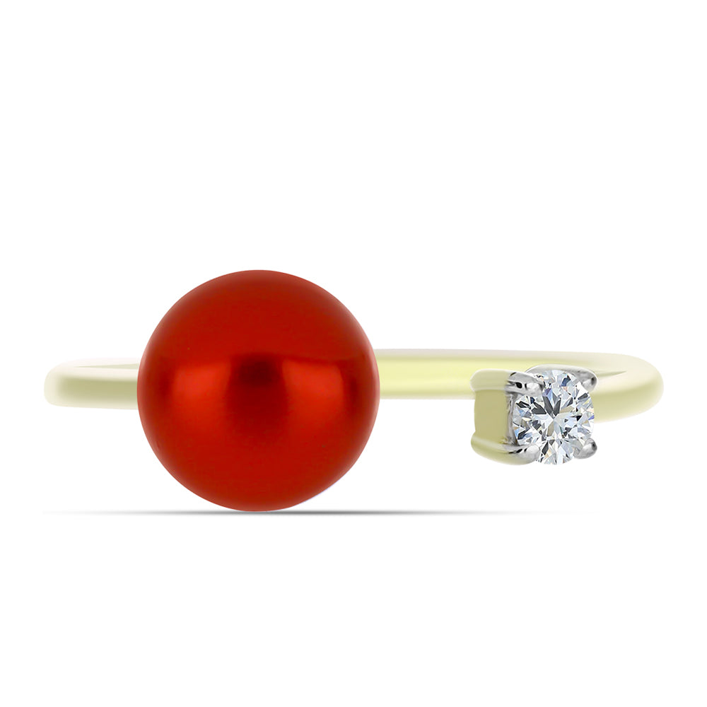 Pozlacené Stříbro 925/1000 - Prsten s Červená sladkovodní Perlou a Bílým Topazem - Karátové číslo: 2.66. přibližná hmotnost: 2.57 gramů 1 