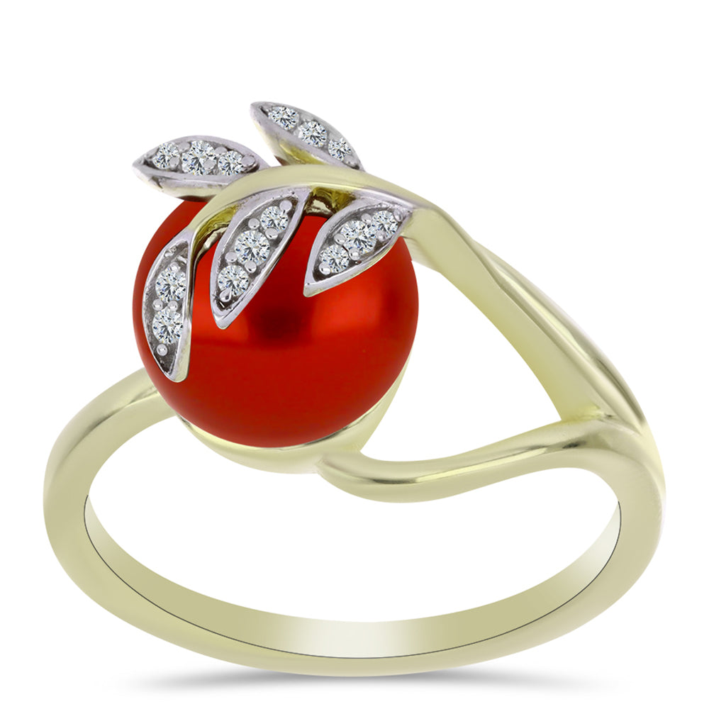 Pozlacené Stříbro 925/1000 - Prsten s Červená sladkovodní Perlou a Bílým Topazem - Karátové číslo: 4.39. přibližná hmotnost: 4.43 gramů 3 