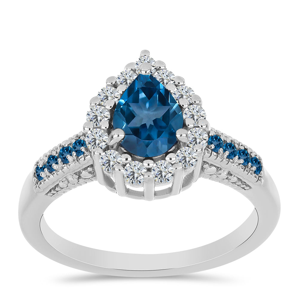 Stříbrný Prsten s Londýnským Modrým Topazem a Bílým Topazem