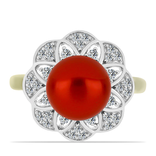 Pozlacený Stříbrný Prsten s Červená sladkovodní Perlou a Bílým Topazem