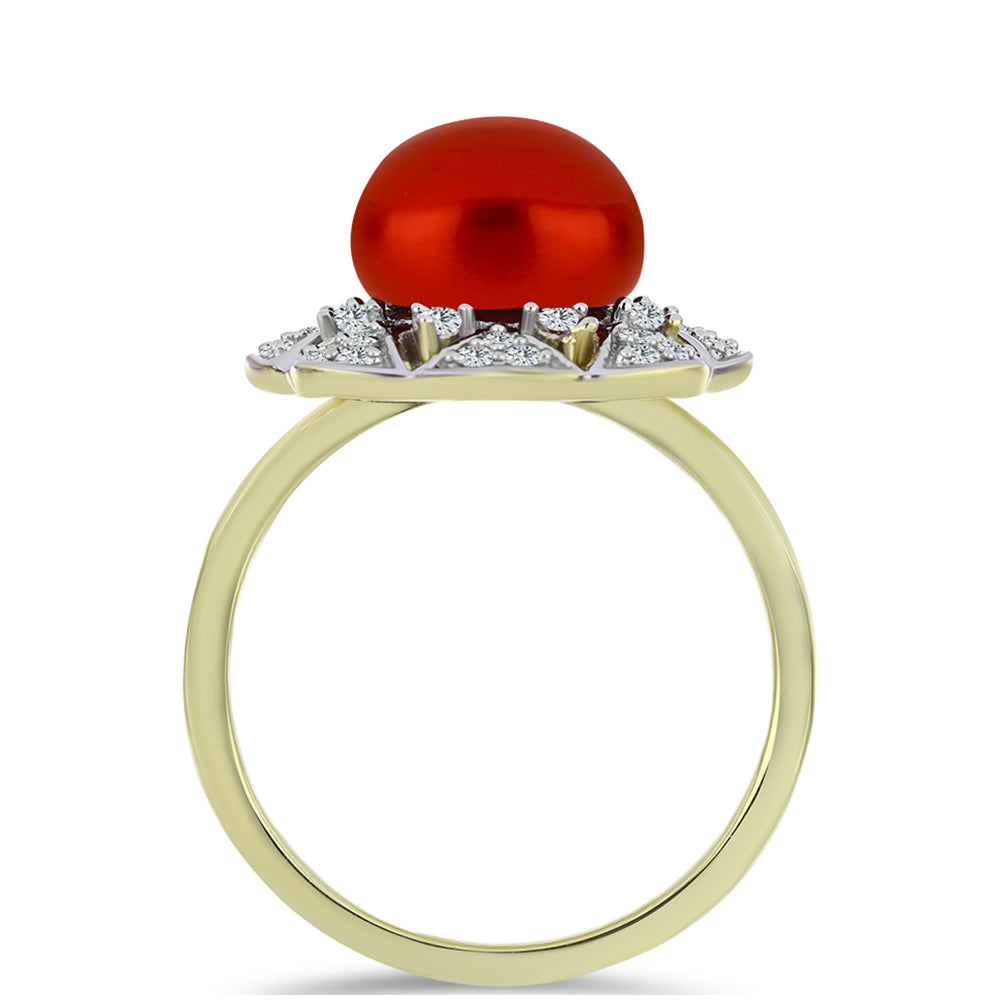 Pozlacené Stříbro 925/1000 - Prsten s Červená sladkovodní Perlou a Bílým Topazem - Karátové číslo: 4.59. přibližná hmotnost: 5.35 gramů 2 