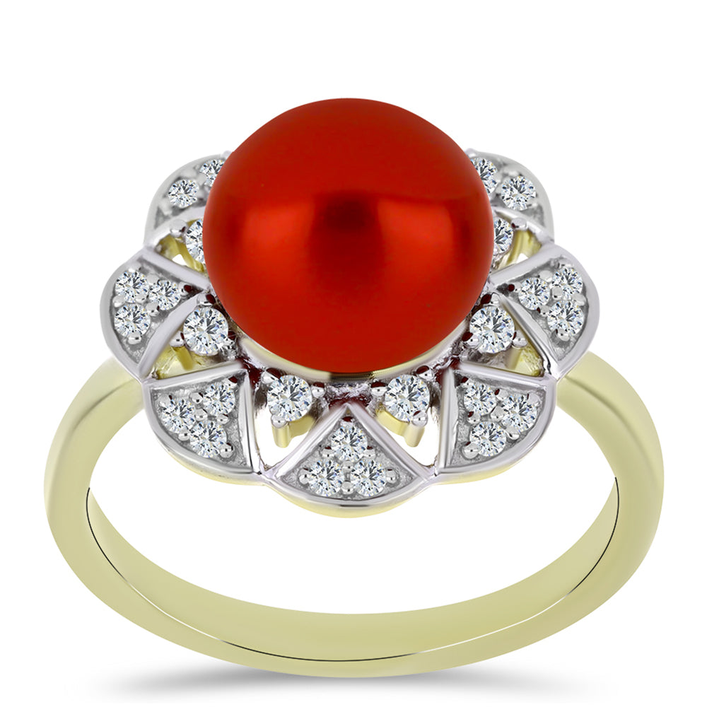 Pozlacené Stříbro 925/1000 - Prsten s Červená sladkovodní Perlou a Bílým Topazem - Karátové číslo: 4.59. přibližná hmotnost: 5.35 gramů