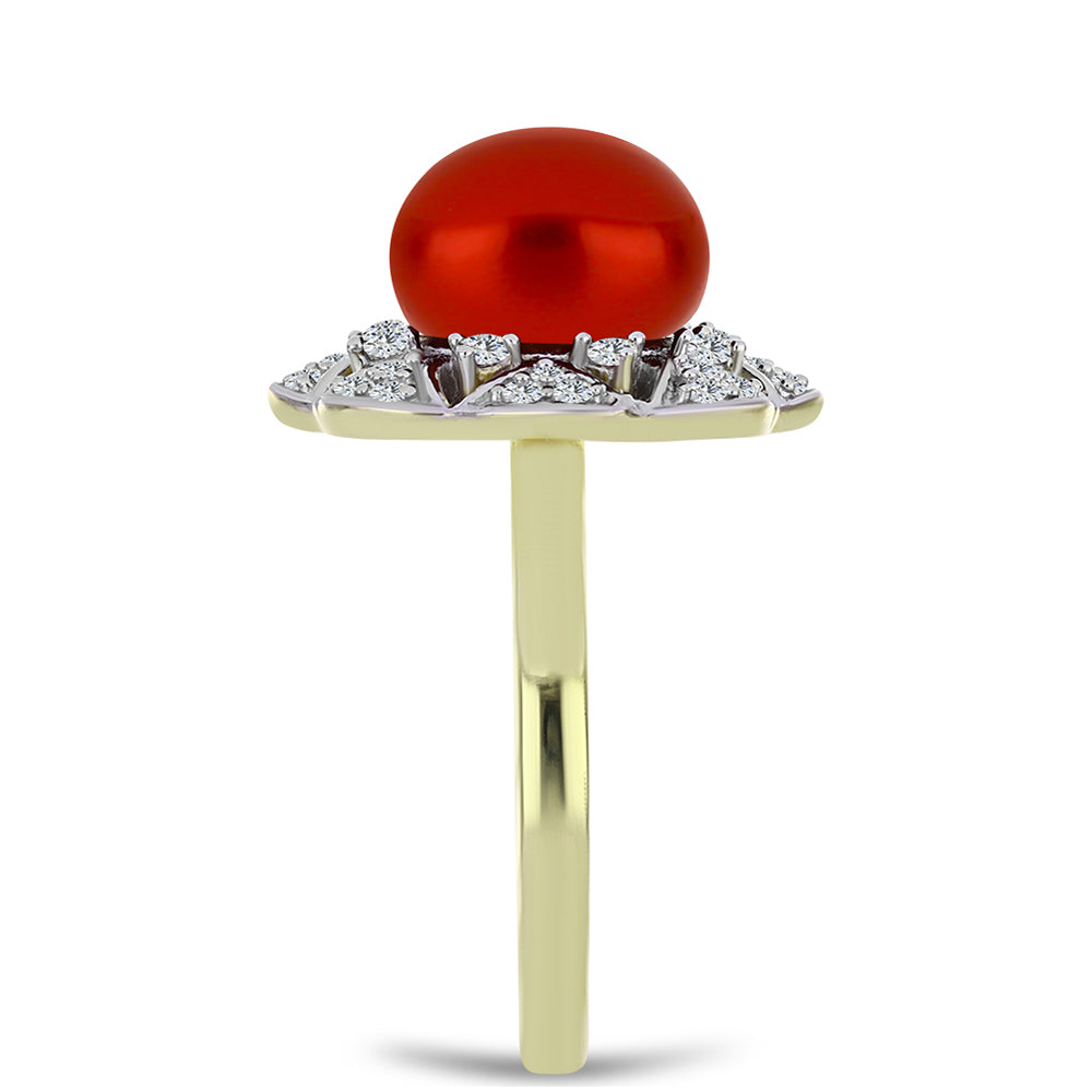 Pozlacené Stříbro 925/1000 - Prsten s Červená sladkovodní Perlou a Bílým Topazem - Karátové číslo: 4.59. přibližná hmotnost: 5.35 gramů 4 